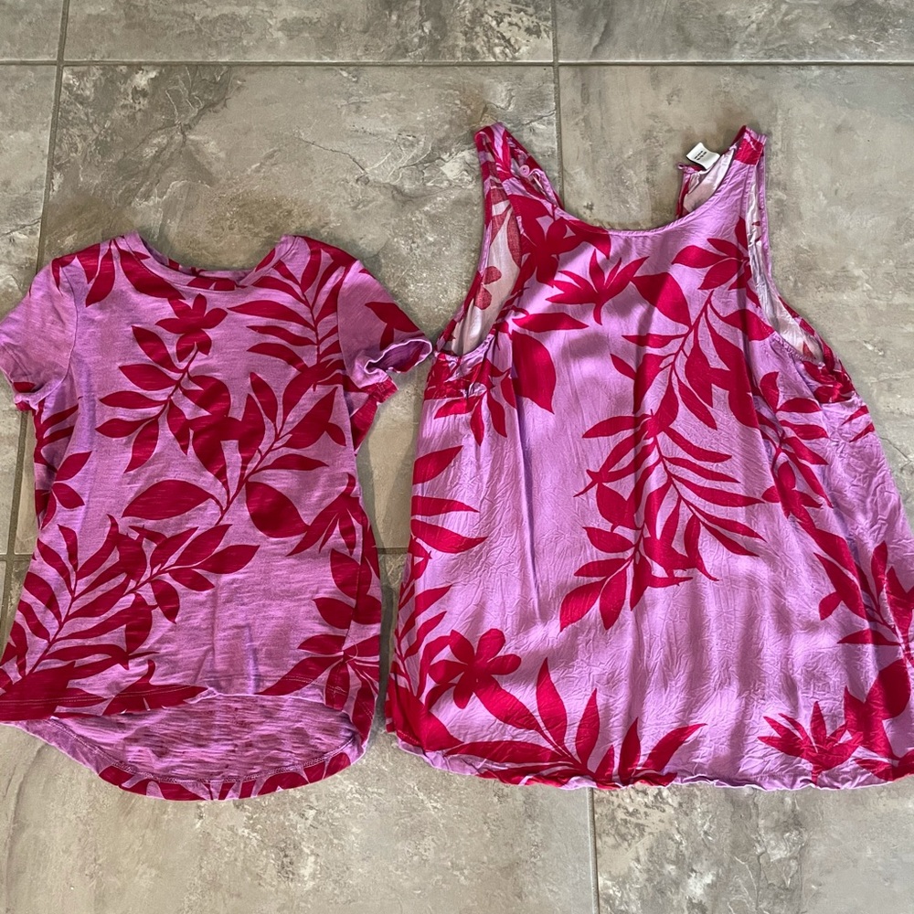 Mommy and me matching tops.  Pink/red.
